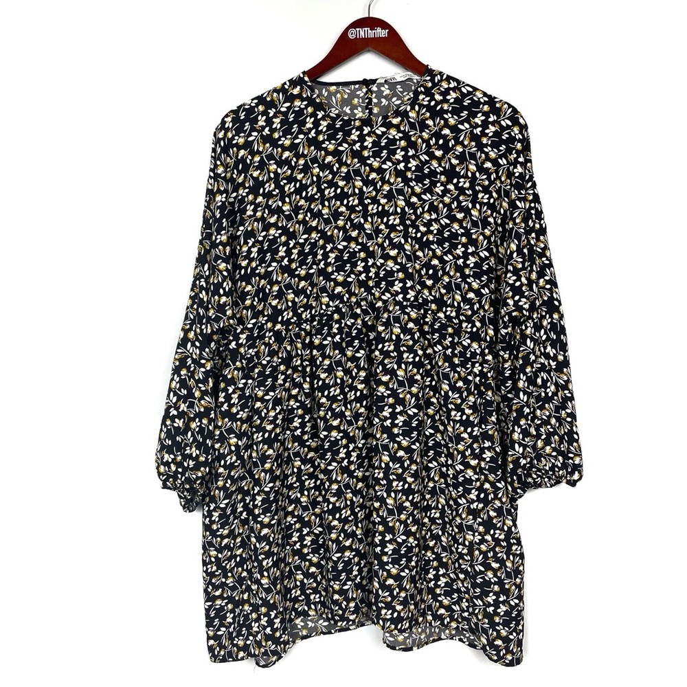 Zara Floral Babydoll Flowy Long Sleeve Mini Dress Black Women's Size Medium Boho - Picture 4 of 15